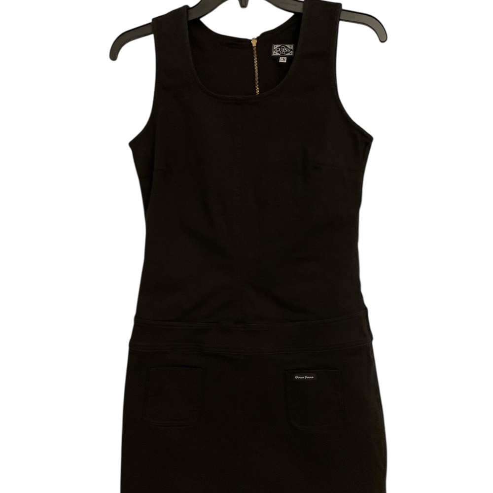 GUESS USA Black Ruched Sheath Mini Dress, size S (CH). Sleeveless, back zipper